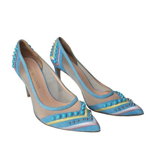 Stuart Weitzman cotton candy Heels blue Studded Beaded Mesh Multicolor Size 5.5 - Picture 2 of 8